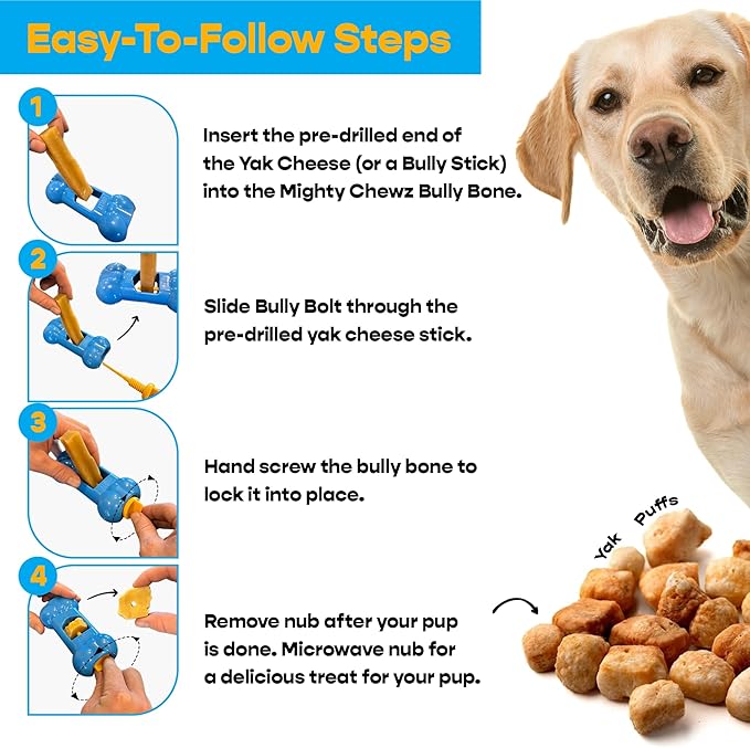 Yak Cheese and Bully Stick Holder Combo Pack, Large Yak Cheese (4 Pcs) and 12" Thick Bully Sticks (5 Pcs) - Includes Bully Bone Holder for Safe, Secure and Smarter Chewing