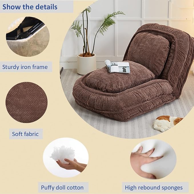 Adjustable 5-Position Human Dog Bed for People, Big Comfy Plush Floor Gaming Lazy Sofa Chair with Pillows & Back Support, Foldable Lounge Loveseat Couch for Living Room Bedroom (Brown)