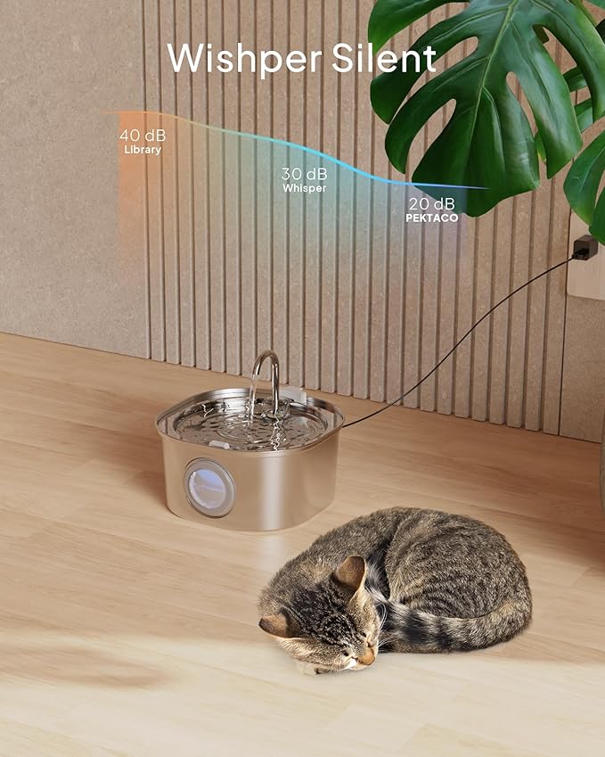 PEKTACO Cat Water Fountain Stainless Steel, 3.2L/108oz Cat Water Dispenser with Quiet Water Pump and Water-Level Window, Dishwasher Safe Pet Drinking Fountain for Cats Indoor with Replacement Filter