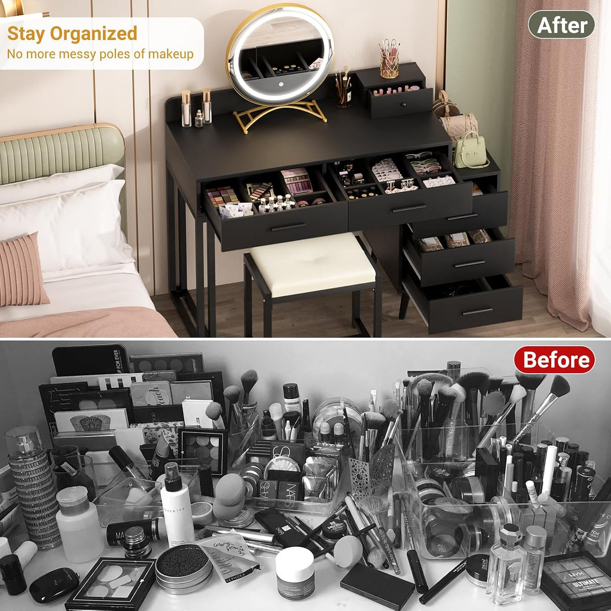 Armocity Black Vanity Desk with Mirror and Lights, Modern Makeup Vanity Table Set with 6 Storage Drawers and Cushioned Stool for Bedroom, Dressing Table with Divided Organizers for Women Girls, Black