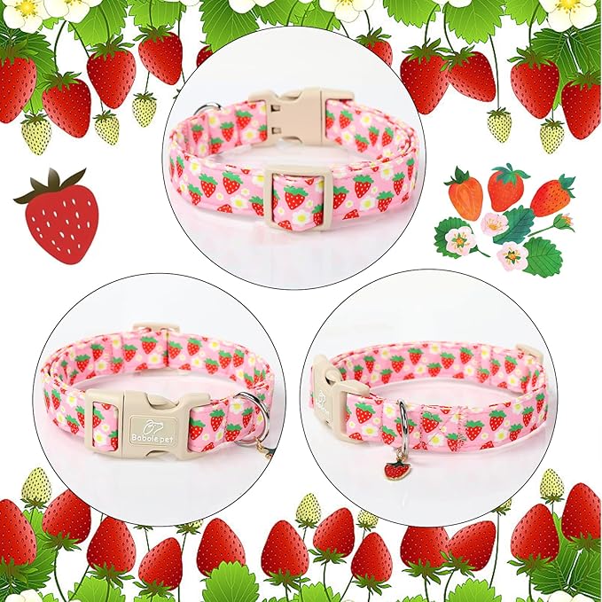 Cute Spring/Summer Dog Collar, Adjustable Pink Strawberry Dog Collars for Large Dogs, Lightweight Quick-Release Buckle Collar for Boy&Girl Dogs L