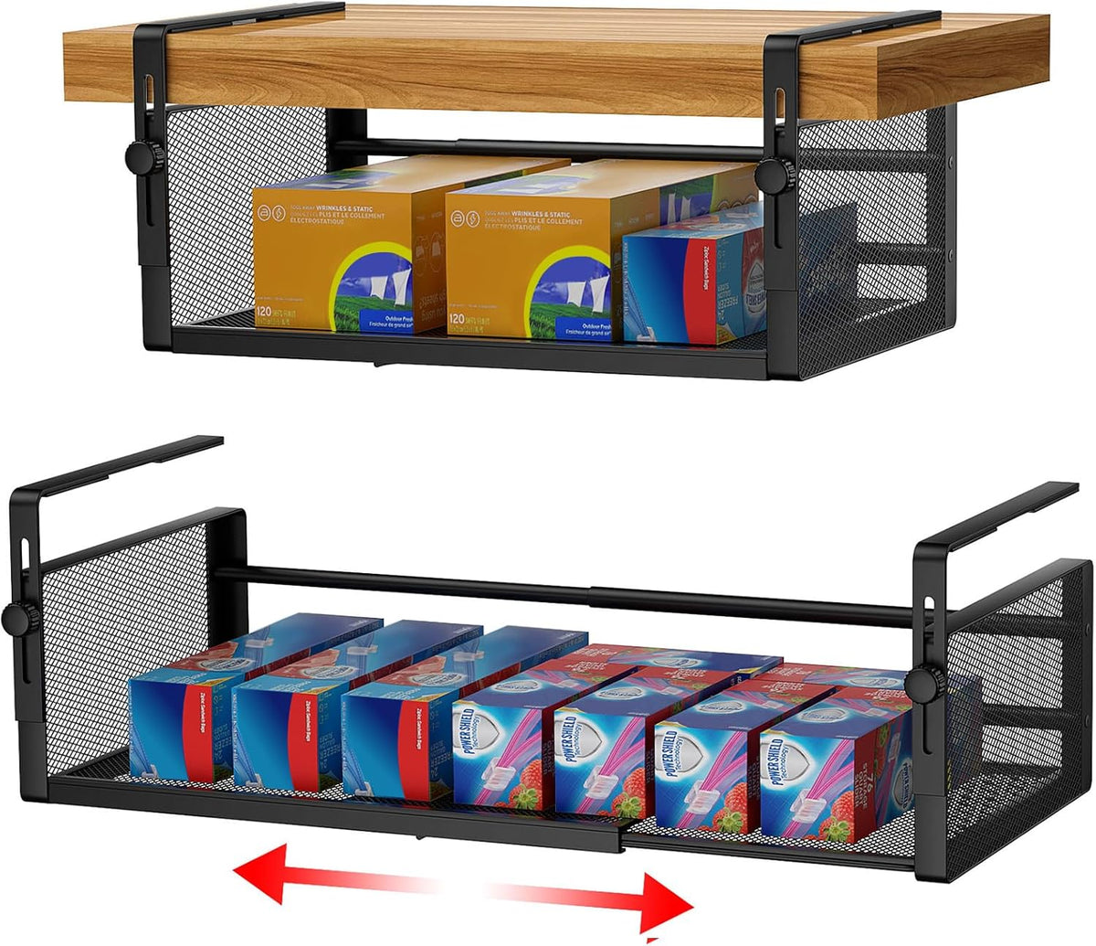 AmonHouseware 2Pack Expandable Under Shelf Storage Basket Organizer,Black