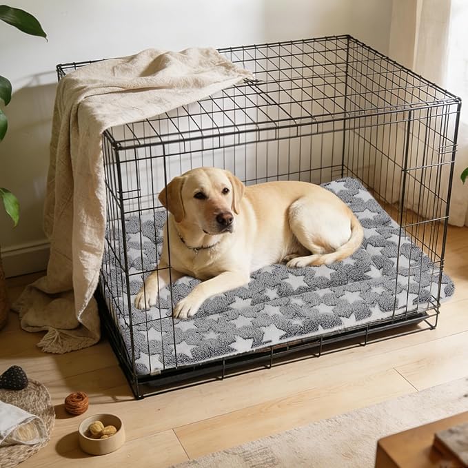 Mora Pets Dog Bed Crate Pad Ultra Soft Pet Bed with Cute Star Print Washable Crate Mat for Large Medium Small Dogs Reversible Fleece Dog Crate Kennel Mat Cat Bed Liner 35 x 22.8 inch Grey