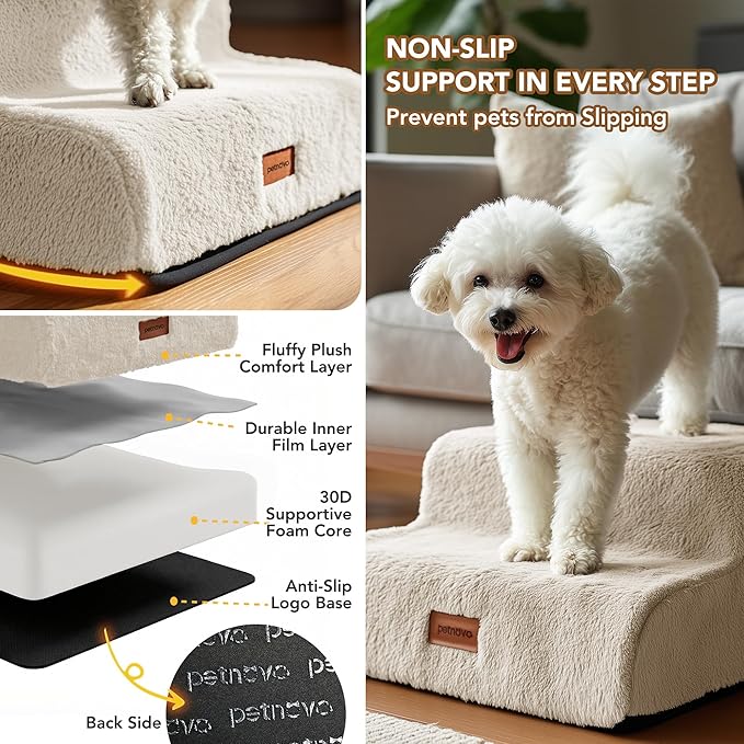 PETNOVO Ultra-Soft Rabbit Fur-Like Dog Stairs for Couch/Bed, Luxury Comfort 3-Step for Small & Senior Dogs, Non-Slip, Removable Washable Cover, OEKO-TEX Certified, 22.4"D x 15.7"W x 15.7"H, Off White