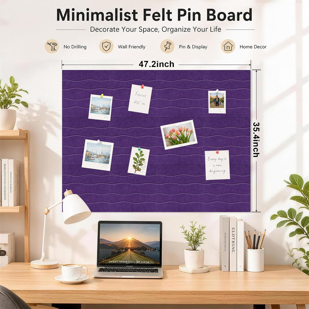 AKONEGE Felt Bulletin Board Tiles 12 Pack, 48" x 36" Cork Board Alternative, DIY Pin Board Wall Tiles for Photo Wall, Vision Board, Dorm Room & Home Office Decor, Stick-On with Adhesive Tabs, Violet