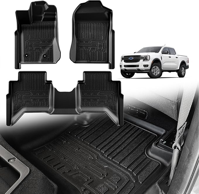 TripleAliners Floor Mats Compatible with Ford Ranger 2024-2025 SuperCrew Accessories All Weather Custom Fit 1st & 2nd Row TPE Truck Floor Liners Black