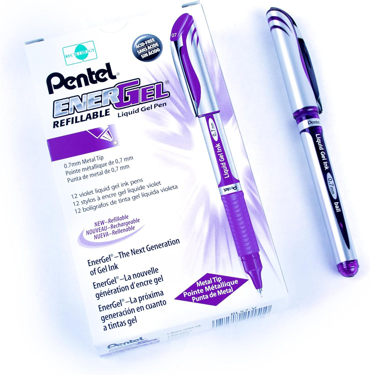 Pentel ENER-GEL Deluxe Liquid Gel Pen, Medium Line, Metal Tip, Violet Ink, Box of 12 (BL57-V)