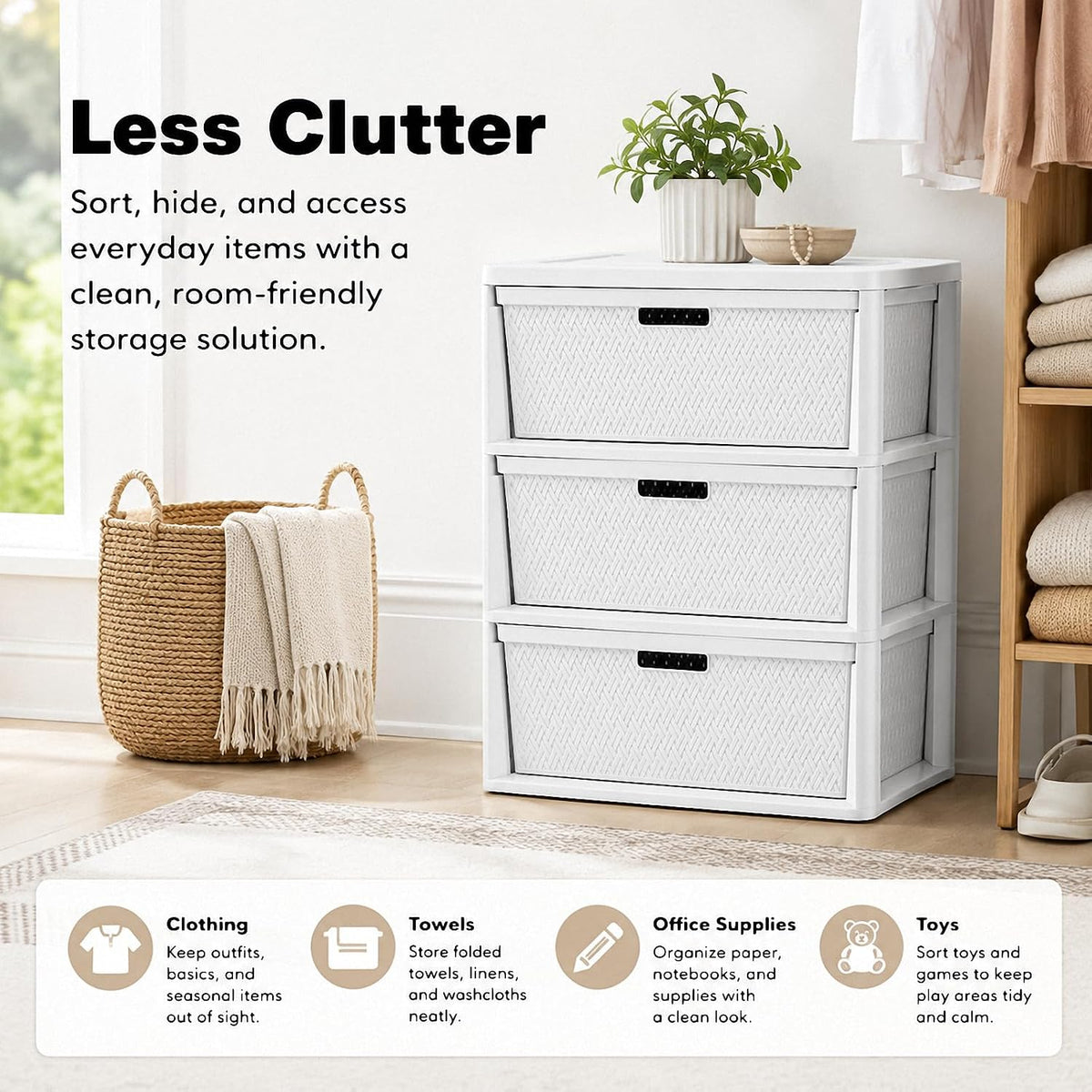 3 Drawer Storage Organizer, Plastic Drawer Organizer Tower, White