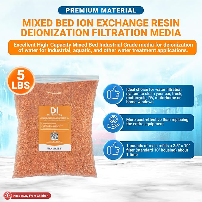 Max Water 5 lbs Mixed Bed Virgin Grade Ion Exchange Deionization DI Resin