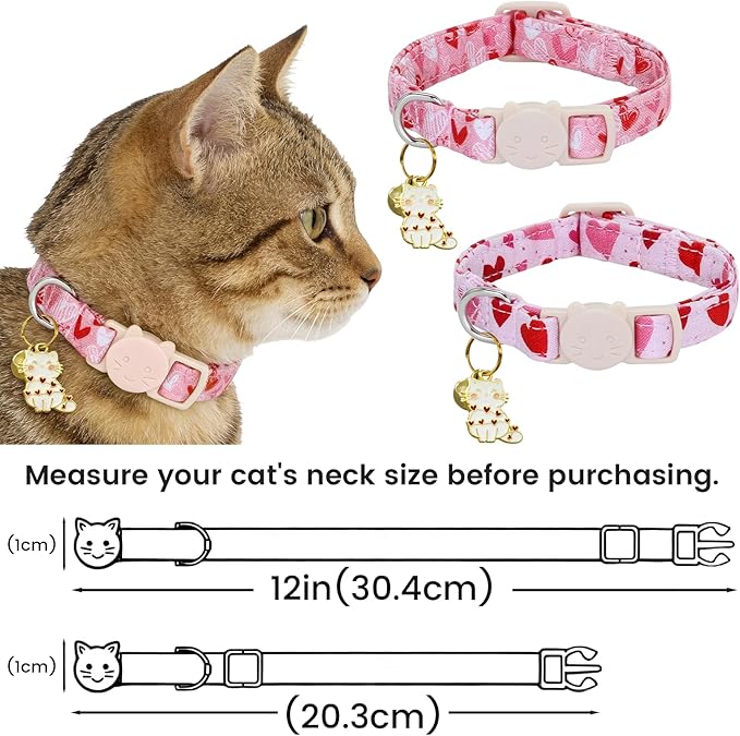 Valentine Cat Collar-2 Pack Collars Red Heart and Line Heart Print Breakaway with Kitten and Bell Pendant Safety Buckle Adjustable Pet Collar for Cats Gift for Cats and Small Pets