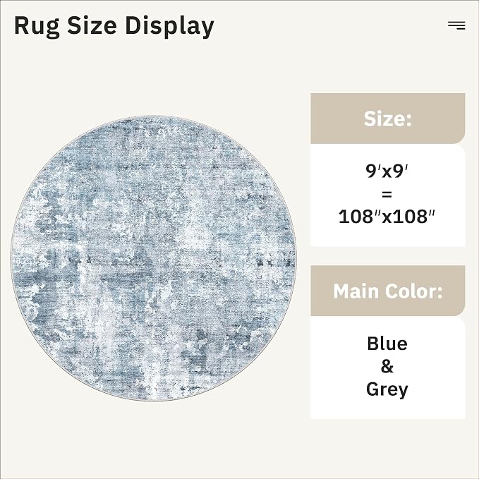 Soalmost 9x9 Blue/Grey Round Rug 9ft Living Room Circle Rug Vintage Round Area