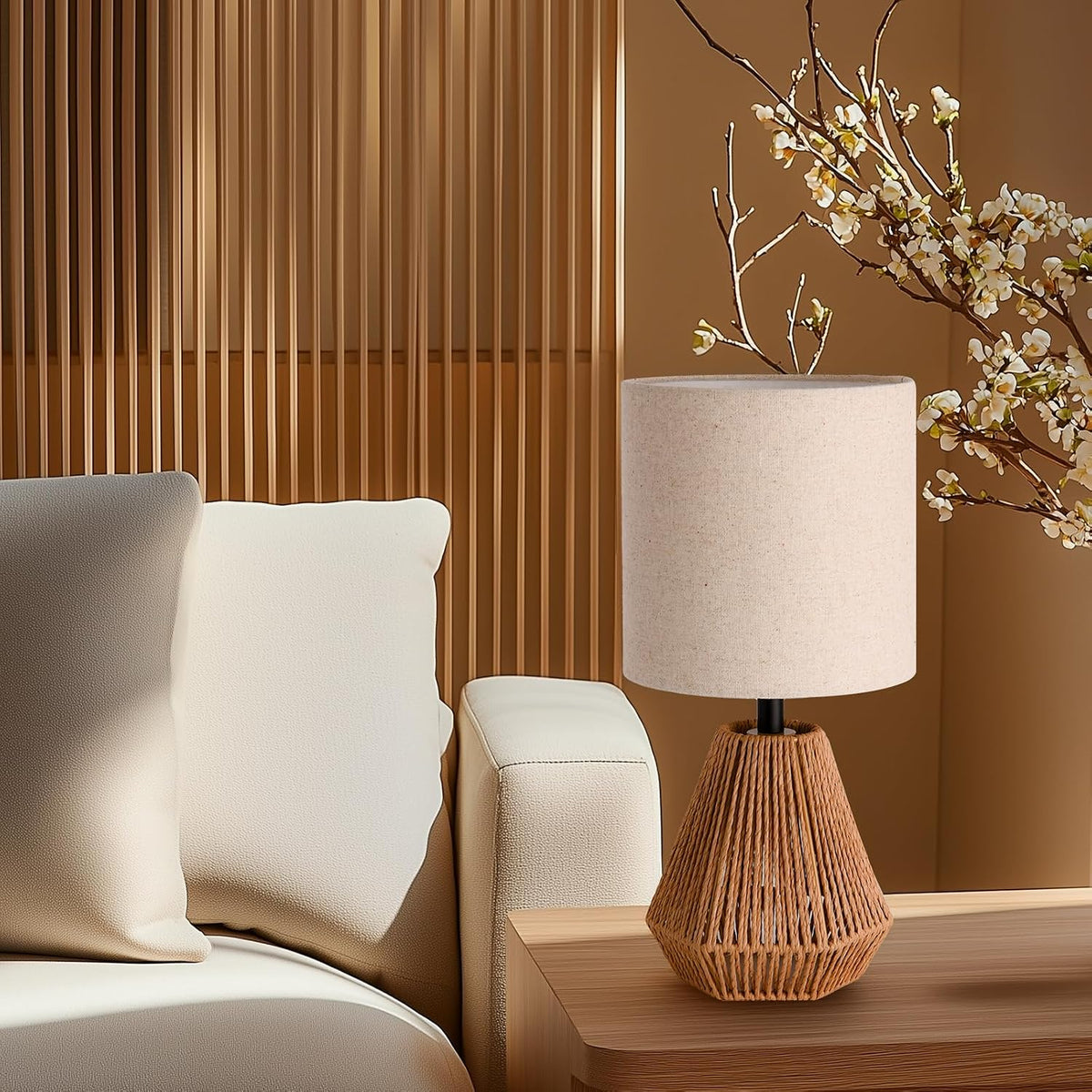 Boho Table Lamp with Linen Drum Shade, 14.17” Bedside Lamp with E26 Rattan Base for Living Room, Bedroom, Office – Natural Woven Style Accent Light, Bulb Not Included