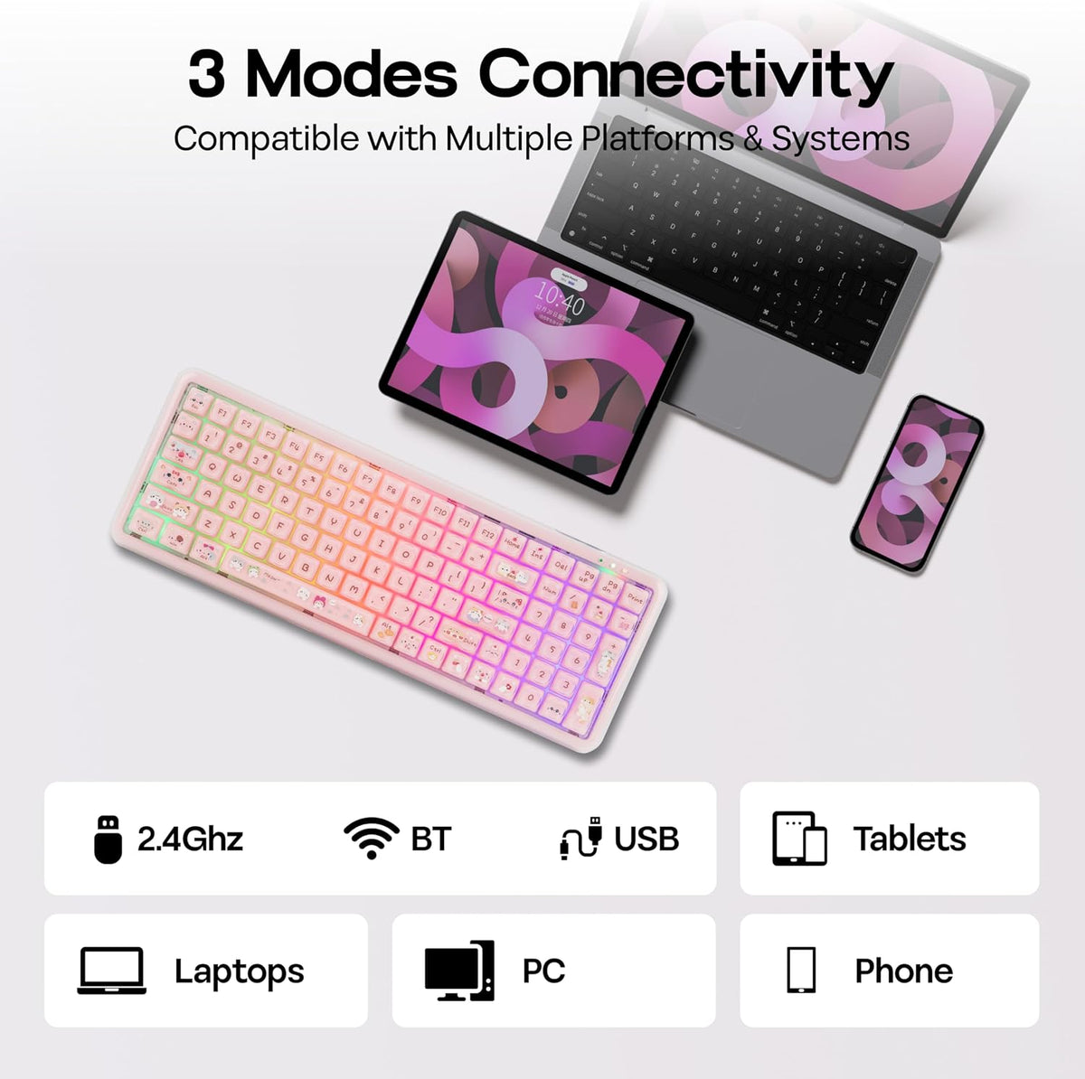 MechLands X Maorbeng X100 PRO Membrane Gaming Keyboard with Number Pad, RGB Backlits, Wireless Computer Keyboard with 5000mAh Battery, BT/2.4G/USB-C Wired, 96% Layout for Windows/Mac/PC (Pink)