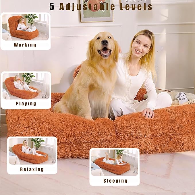 Orange Foldable Human Dog Bed - 69"x35"x12" Fits You & Pets with Comfy Pillow, Washable Faux Fur, Oversized Lounger Lazy Sofa Beds with 5 Adjustable Position