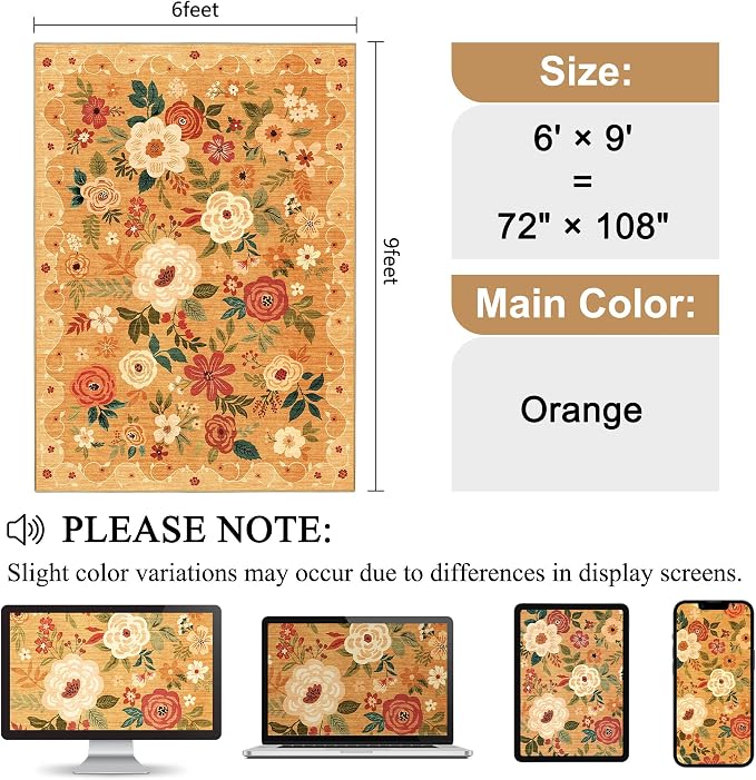DUKINO 6x9 Area Rug, Floral Rugs
