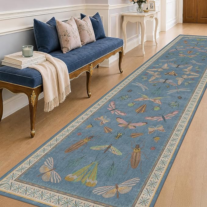 Blue Vintage Insect Runner Rug for Hallway 3x12, Washable Non Slip Kitchen Sink