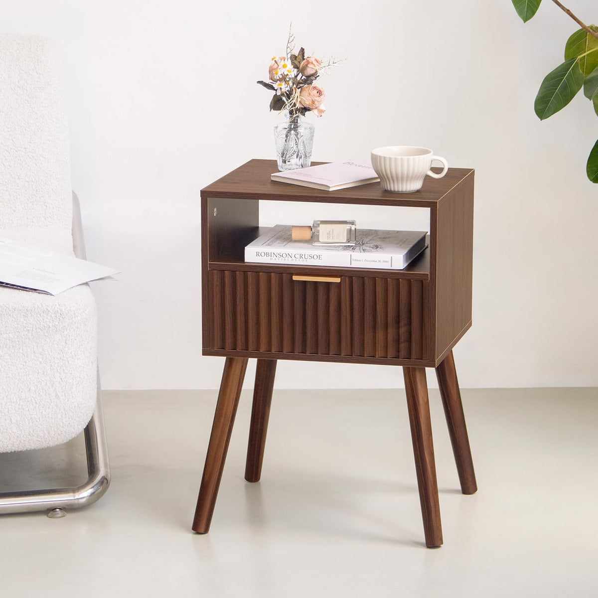 Fultyle Walnut Nightstand, Fluted Night Stand with Drawer and Open Shelf