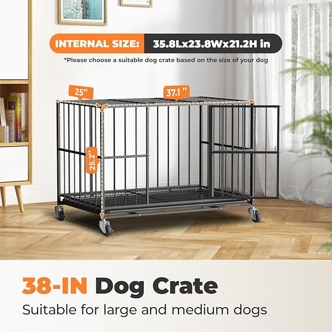 38 Inch Heavy Duty Dog Crate Steel Escape Proof, Dog Kennel Indoor Double Door High Anxiety Cage, Removable Tray, Crate with Wheels,XL
