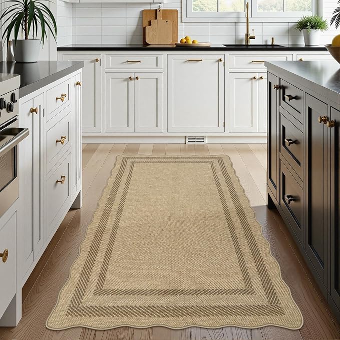 LIVEBOX Scalloped Easy Jute 3x5 Outdoor Rug, Washable Non-Slip Geometric Tan