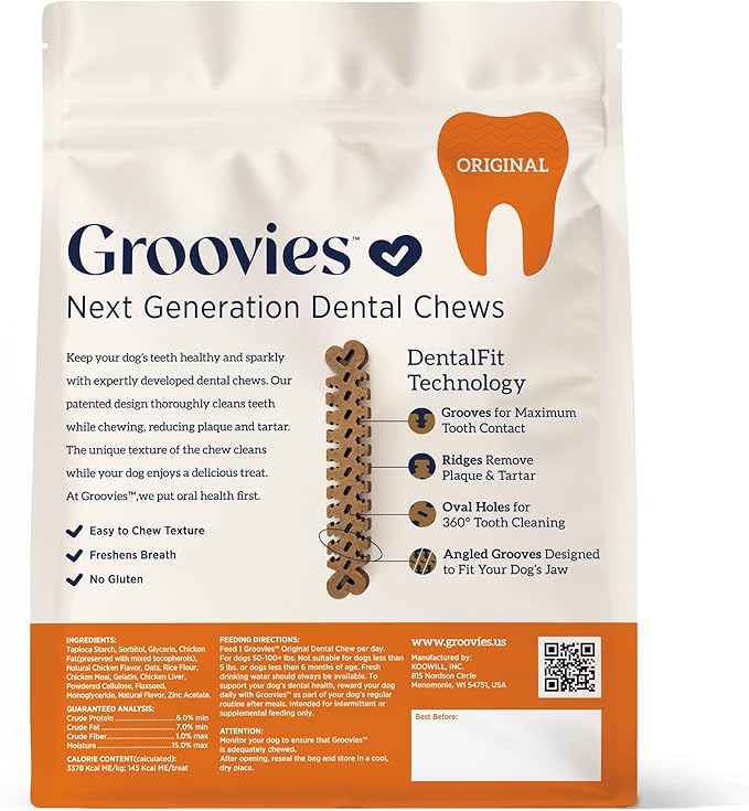 Groovies Flexible, Built to Last Dog Dental Chews, Contact-Cleaning Design Supporting Tartar Control & Fresh Breath, Oral Care Treats, USA Manufactured, Patented DentalFit Tech, XLarge Dogs, 18 Chews