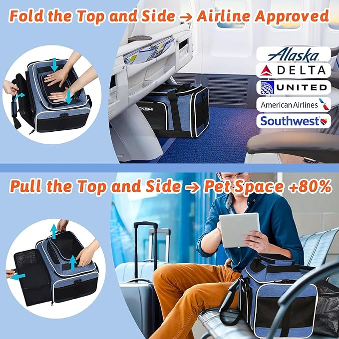 Petskd Top and Side Expandable Pet Carrier 17x11x9.5 Inches Alaska Airline Approved, Soft-Sided Carrier for Small Cats and Dogs with Locking Safety Zippers and Anti-Scratch Mesh(Blue)