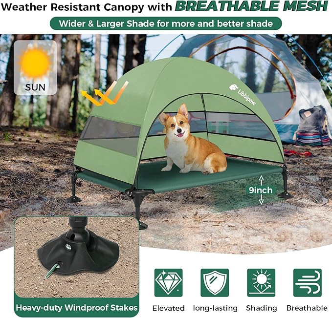 Windproof Elevated Dog Bed with Canopy & Stakes, 3-Sided 90% UV Block, Chew-Proof Teslin Mesh Mat for Large Dogs up to 150lbs(Green Large)