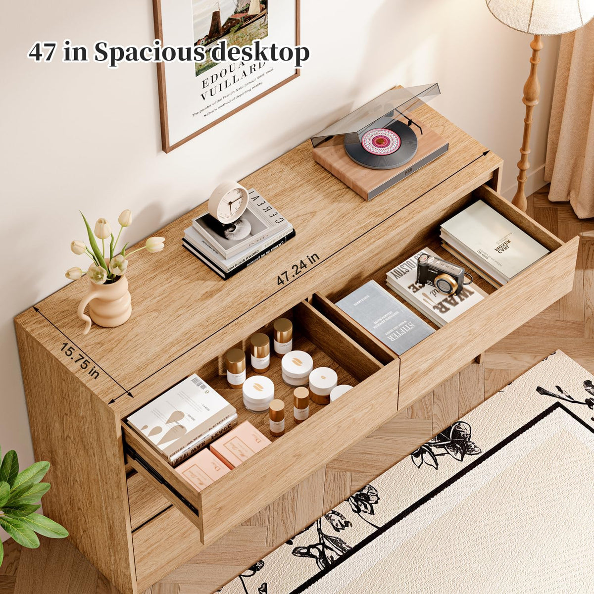 Chrangmay 6 Drawer Dresser,47.24" Wide Mid Century Chest of Drawers,Wooden Bedroom Drawer Dresser with 6 Storage Drawers for Bedroom,Living Room,with Anti-Tipping Device, Wheat