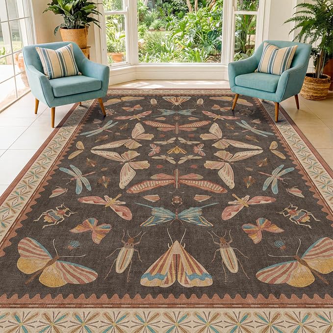 Washable Brown Farmhouse Rug 7x9, Low Pile Area Carpet