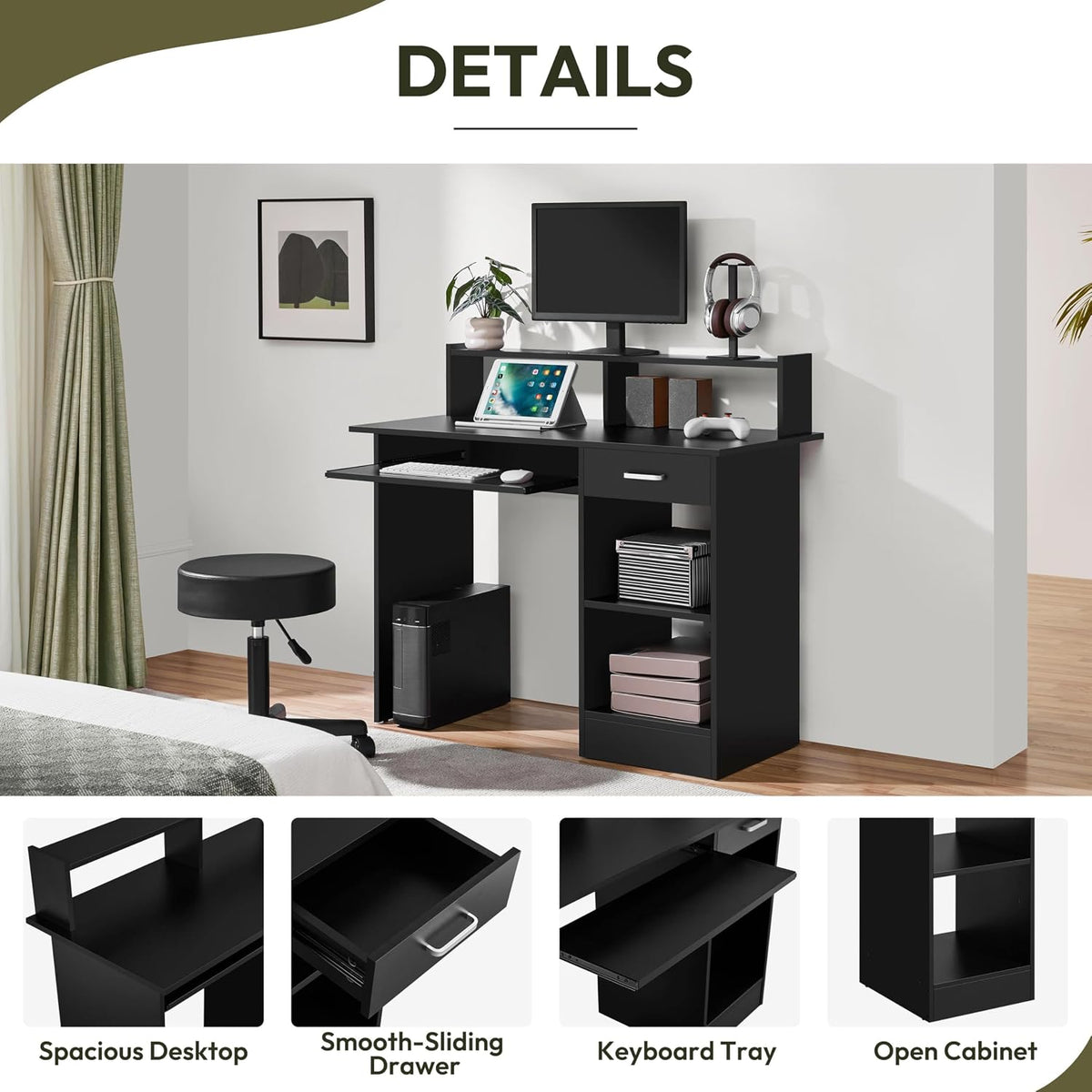 Yaheetech Computer Desk with Keyboard Tray, Drawers, and Shelves, Black