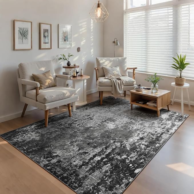 Ompaa Living Room Rug 5x7 Black Area Rug Machine Washable Boho Carpet Non Slip