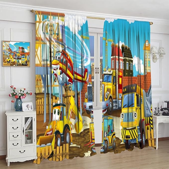 Kids Cartoon Construction Window Curtains, Funny Construction Site Cars and
