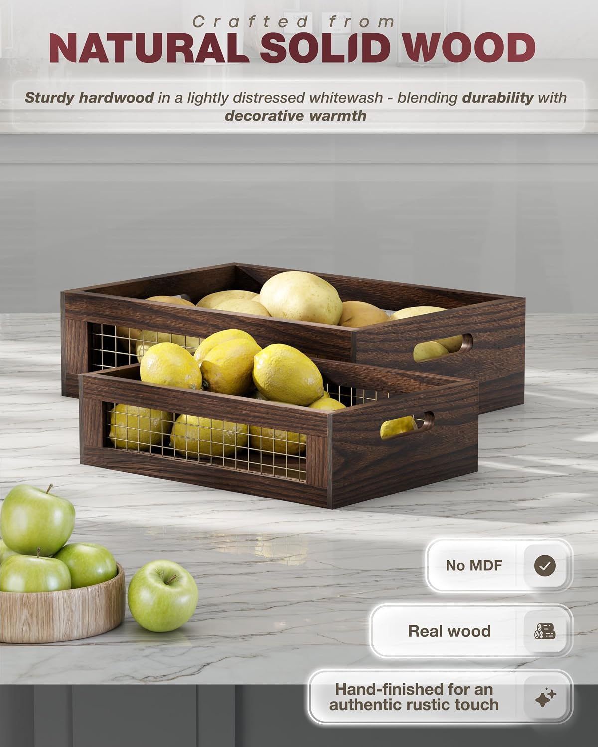 Set of 2 Wooden Countertop Baskets with Sturdy Wire Mesh & Handles