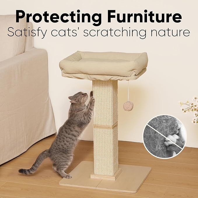 FUKUMARU Cat Scratching Post, Modern Style Tall Scratch Posts with Perch for Infoor Cats Adults, Large Cat Scratcher Tower with Bed, Small Tree with Raised Stand, Natural Sisal & Solid Wood