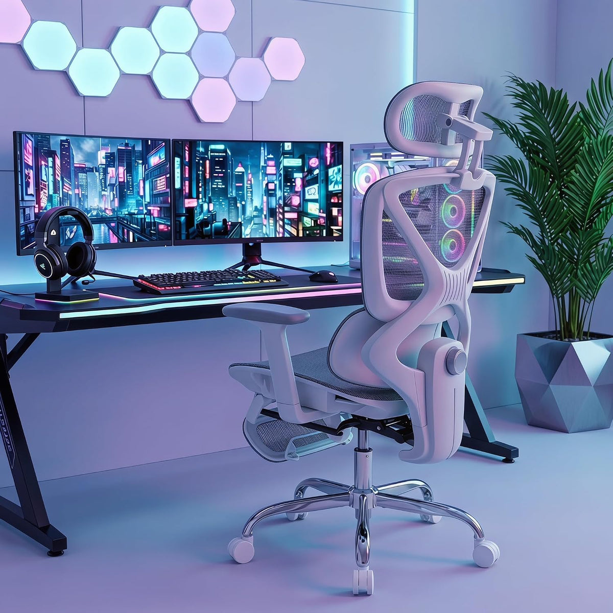 LuxErgo Big & Tall Ergonomic Mesh Office Chair 350lbs, High Back Reclining Gaming Desk Chair with 3D Headrest, Adjustable Armrests, Lumbar Support & Retractable Footrest, Gray