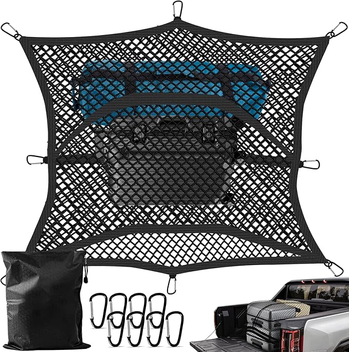 Truck Bed Cargo Net, High Elastic Cargo Net with Storage Bag and 8 rustproof Buckles, Stretchable from 4'x4' to 7'x7' Ideal for ATV, SUV, UTV, Truck and Boat Use, Double Layer