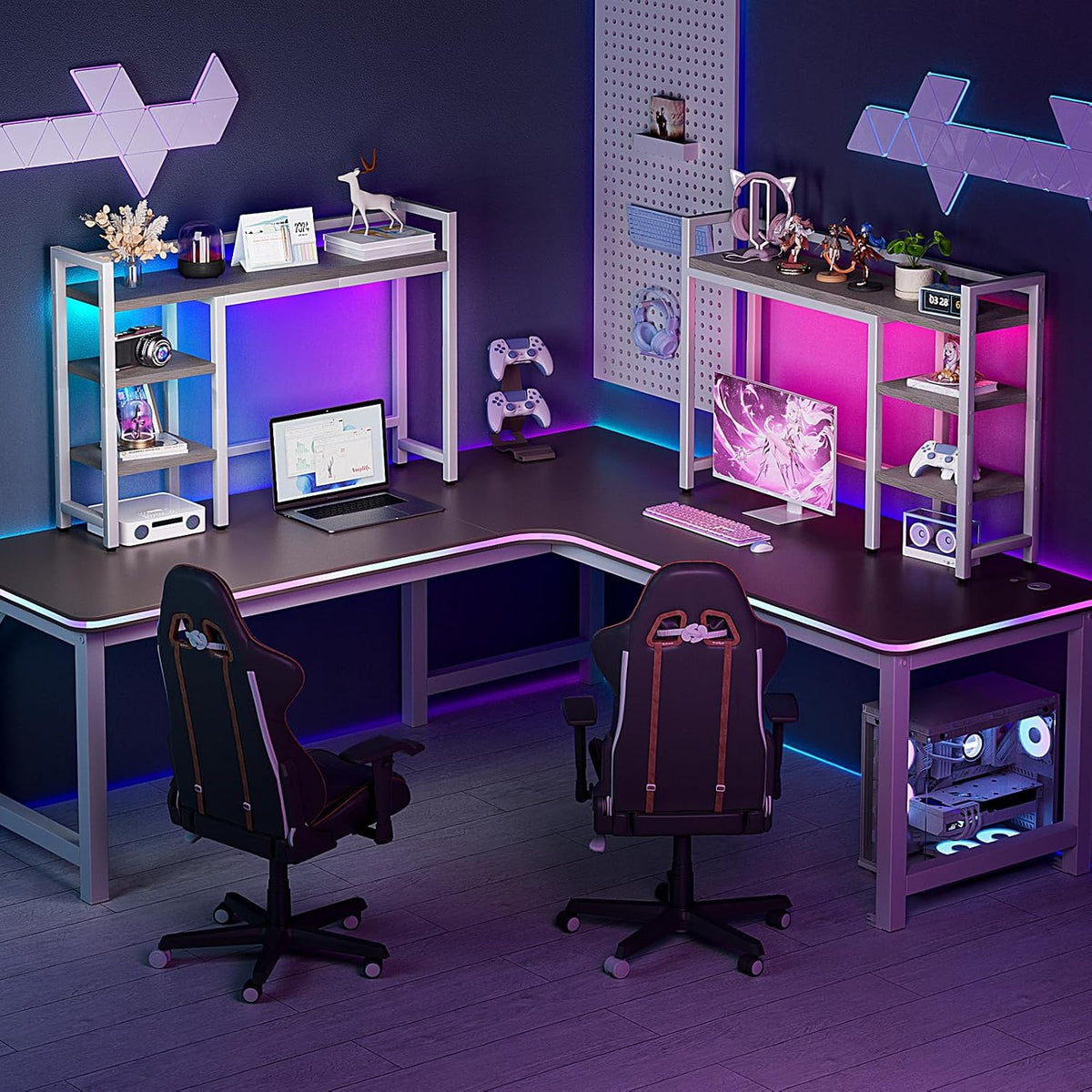 Desk Hutch with Colorful RGB Lights, 4 Tier Desktop Shelf for Max 28" Computer Monitor, Desk Organizer Shelf for Tidy Storage Display, Desktop Bookshelf for Home, Office, Dorm, Gaming Table, Kitchen