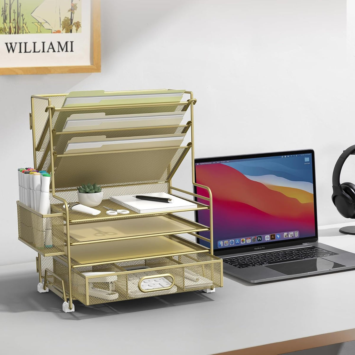 MINDEPOT 4-Tier Paper Organizer + 3-Pocket File Holder + Drawer + Pen Holders, Desktop File Organizers Paper Tray for Office Supplies School Classroom Organization (Gold, with Drawer & Pen Holder)