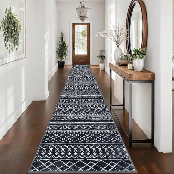 KUTA Long Hallway Runner Rug 2.6x16 Non-Slip Washable, Moroccan Vintage Black