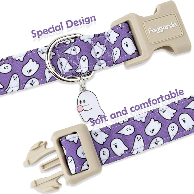 Faygarsle Halloween Dog Collar with Charm, Purple with Ghost Pattern, for Small Medium Large Dogs XS