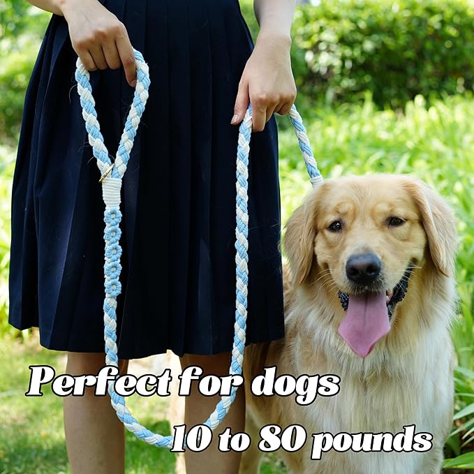Handmade 5ft Braided Cotton Dog Leash with Unique Floral Handle, Durable and Stylish, Ideal for Small to Large Dogs,Blue & White Color