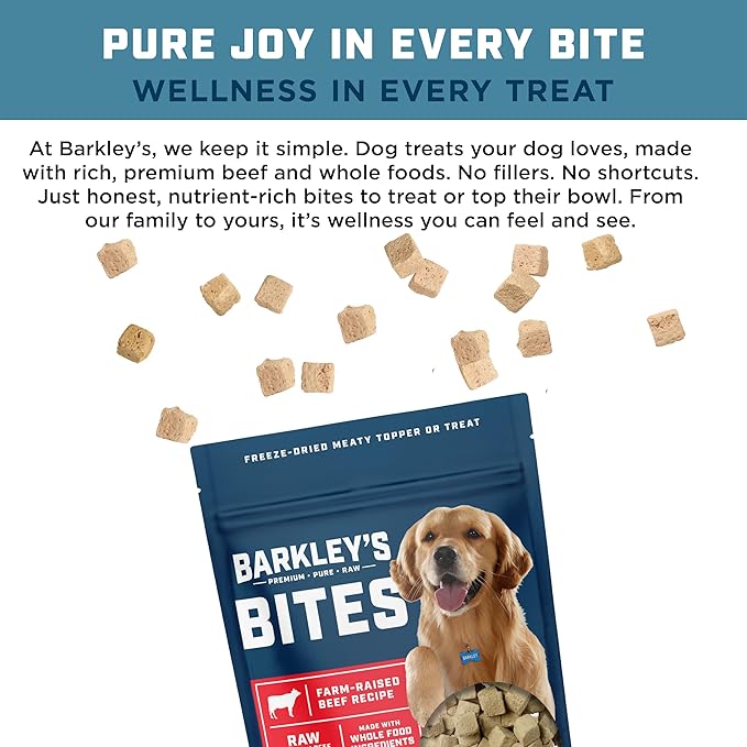 Barkley’s Bag Beef Bites, Freeze Dried Dog Treats & Food Topper, Made w/Beef, Barley, and Quinoa, Small Bite-Sized Pieces for Training Rewards, for All Dog Breeds, Ages & Sizes, 4 Oz Bag (6 Pack)