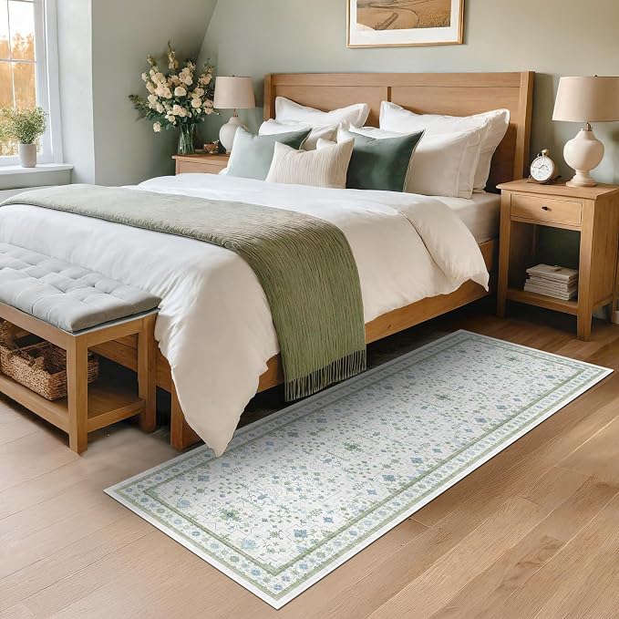 Hazo Haus Washable Oushak 2x6 Bathroom Runner Rug, Eclectic Boho Floral Pastel