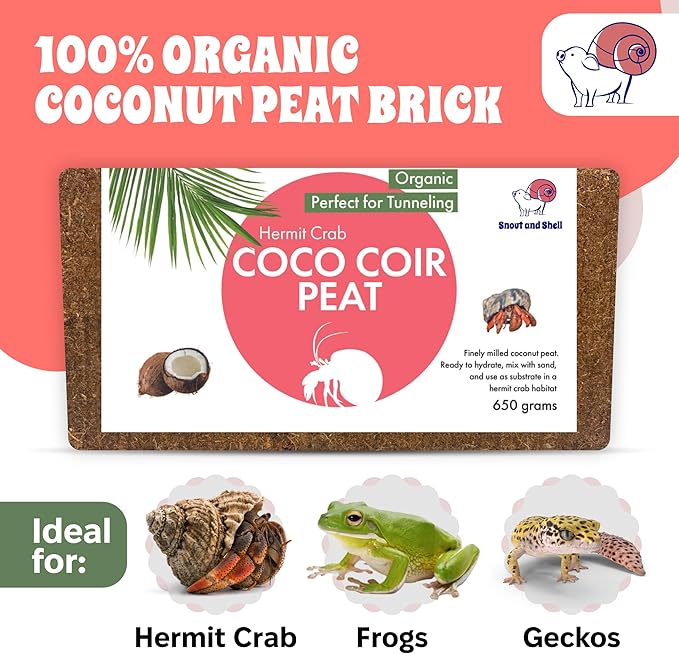 Coco Coir Peat Hermit Crab Substrate Bedding 1.4 lbs - 650 Grams - 3 Pack by Snout and Shell
