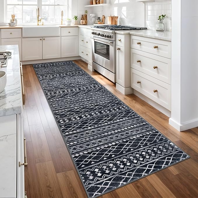 KUTA Moroccan Boho Runner Rug 2.6x10 Non-Slip Vintage Black Washable Hallway