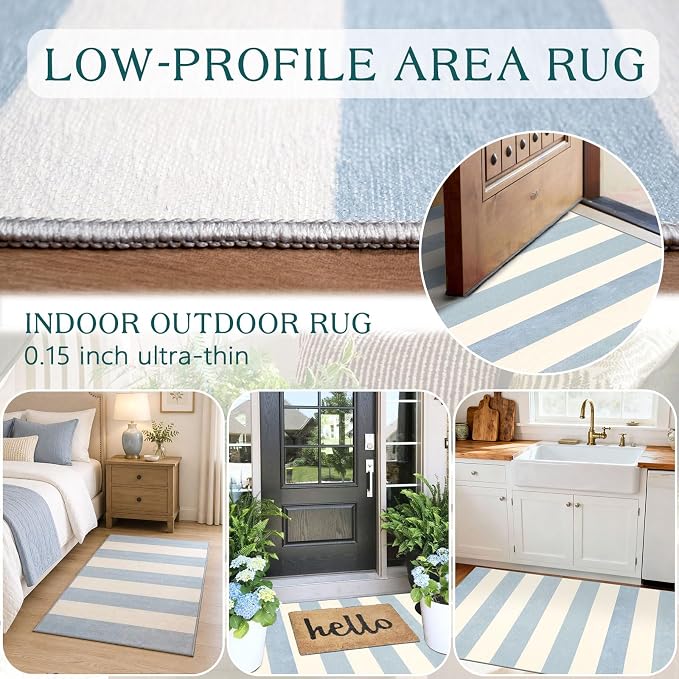 Blue White Striped Outdoor Rug