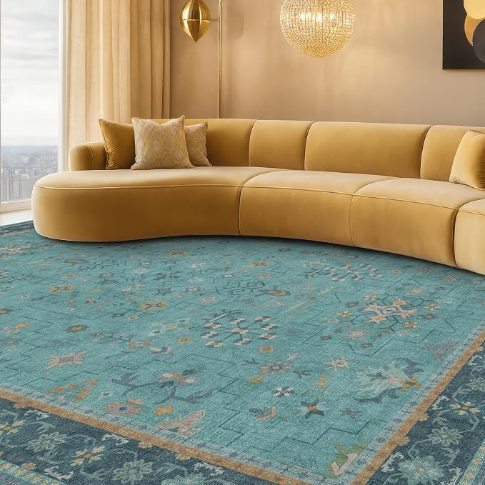 Large Boho 8x12 Teal Green Washable Living Room Rug