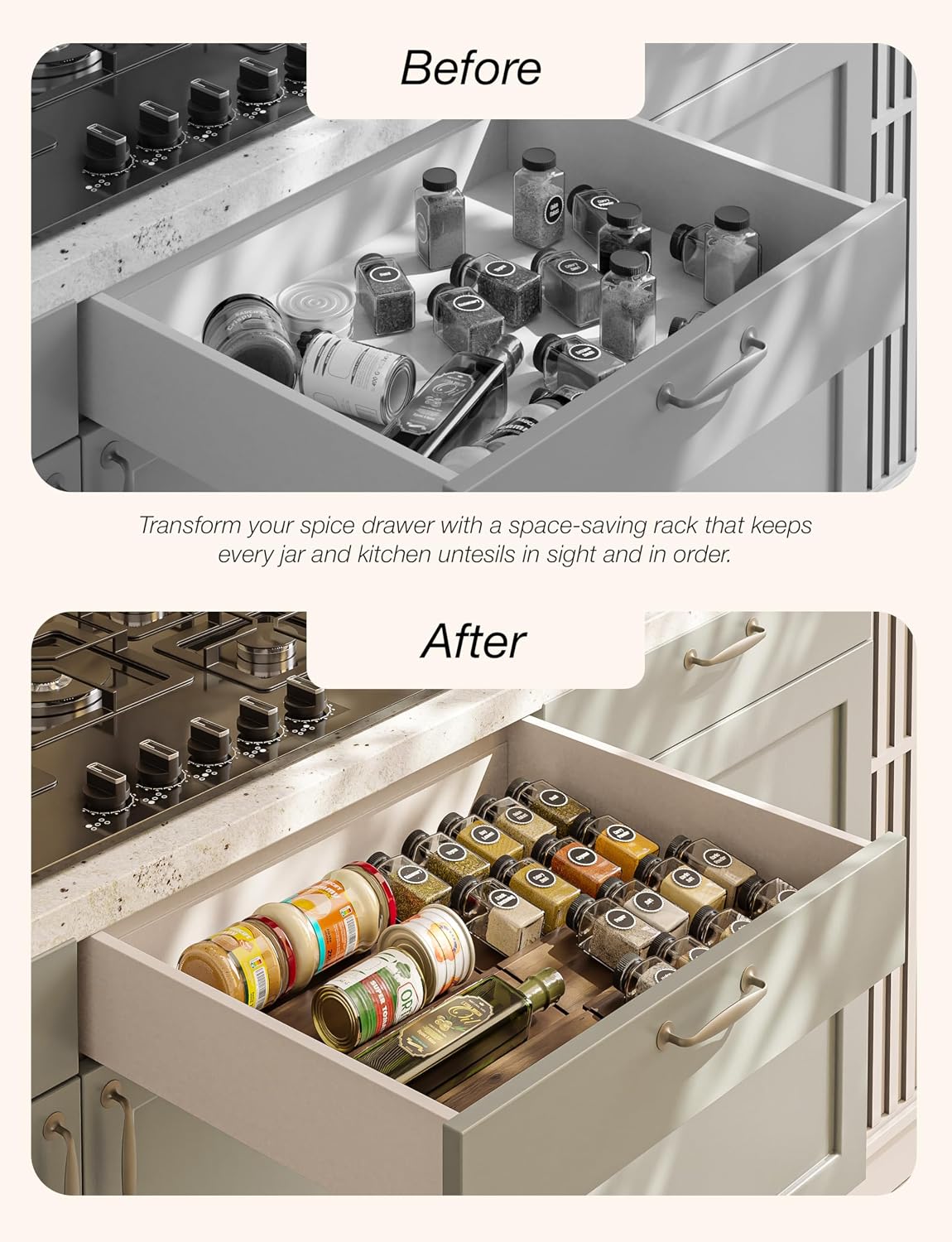 Tinamo Acacia Wooden Spice Rack Organizer for Cabinet, 8 Pcs, Walnut Finish