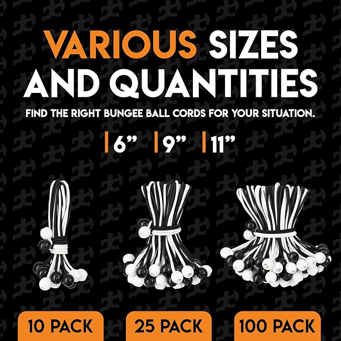 Xpose Safety Bungee Ball Cords 11" 100 Pack Heavy Duty Assorted Colors Black and White Stretch Rope with Ball Ties for Canopies, Tarps, Walls, Cable Organization