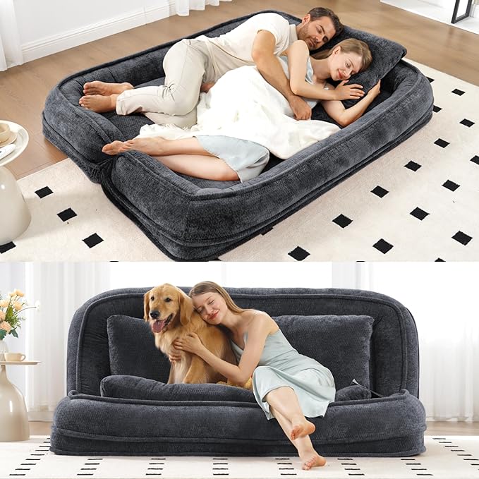 Double Human Dog Bed for Adult and Kids, Comfy Foldable Lazy Floor Loveseat Sofa Bed with 5 Adjustable Position, Upholstered Floor Bean Bag Lounger Chair for Bedroom, Living Room,Office (Dark Gray.)