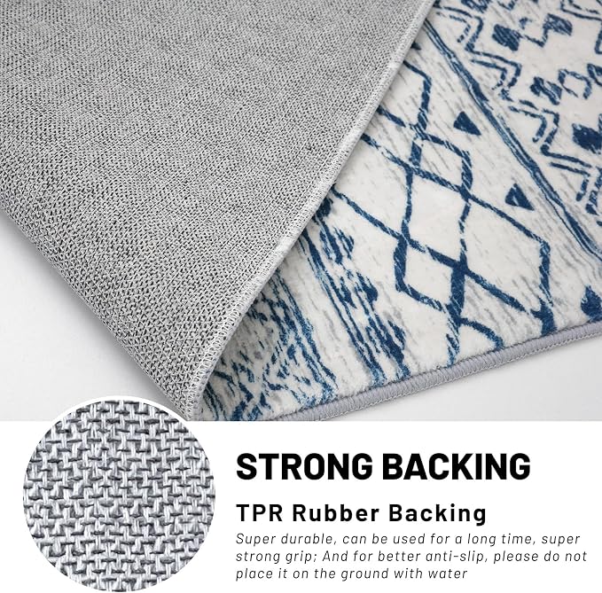 KUTA Area Rug 5x7, Moroccan Large Blue White Rugs Washable Boho Non-Slip
